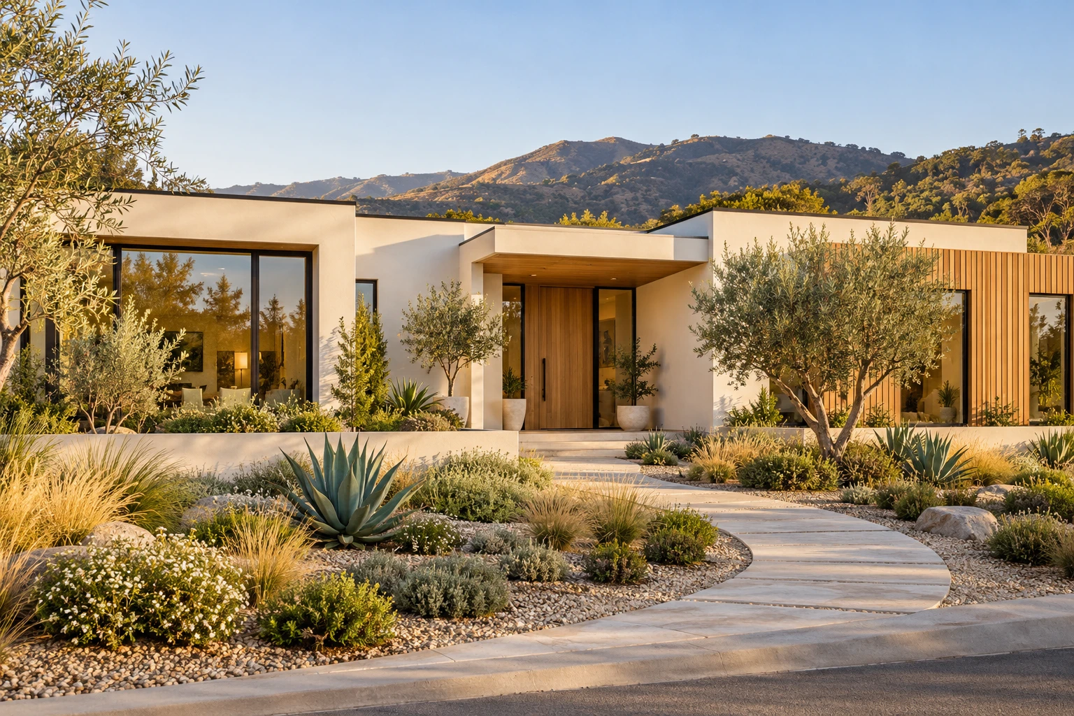 A contemporary California home with warm wood detailing and a landscaped entry